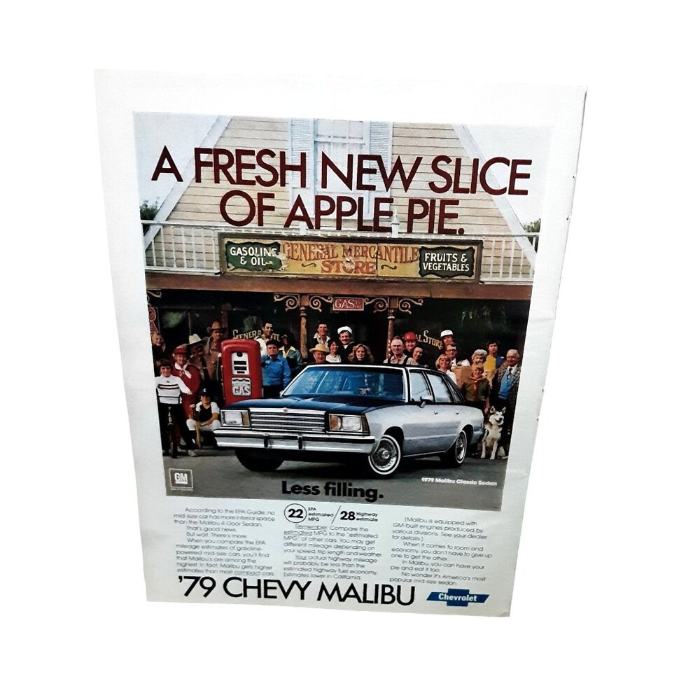 1979 Chevy Malibu Car Fresh New Slice of Apple Pie Original Print Ad vintage